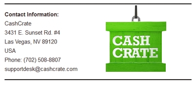 Company's contact information Screenshot of CashCrate's Contact Info